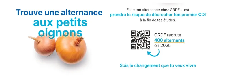 visuel oignon "trouve une alternance aux petits oignons" de la campagne alternance de GRDF et QR code qui redirigie vers les offres d'alternance